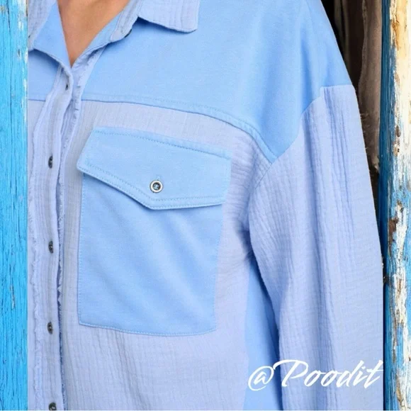 FANTASTIC FAWN oversized washed out light blue button front top Sz S M L - Picture 5 of 9